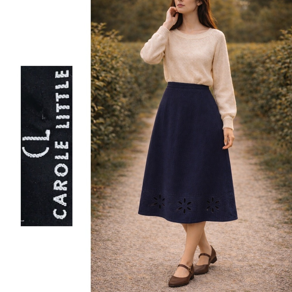Carole Little, Vintage Eyelet Flower Linen Blend Navy Blue‎ Midi Skirt Size 8